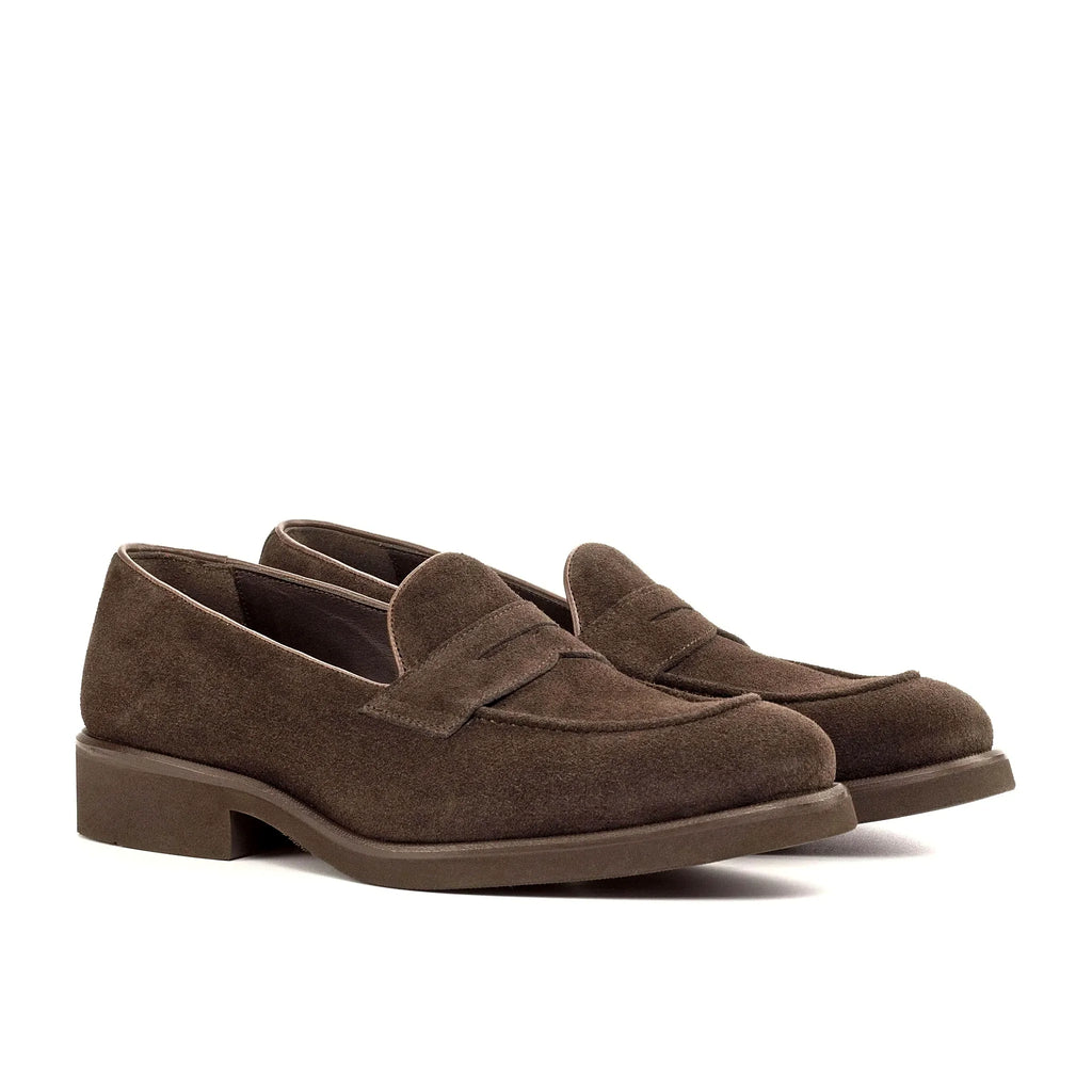 Dark brown suede loafer with calf panel