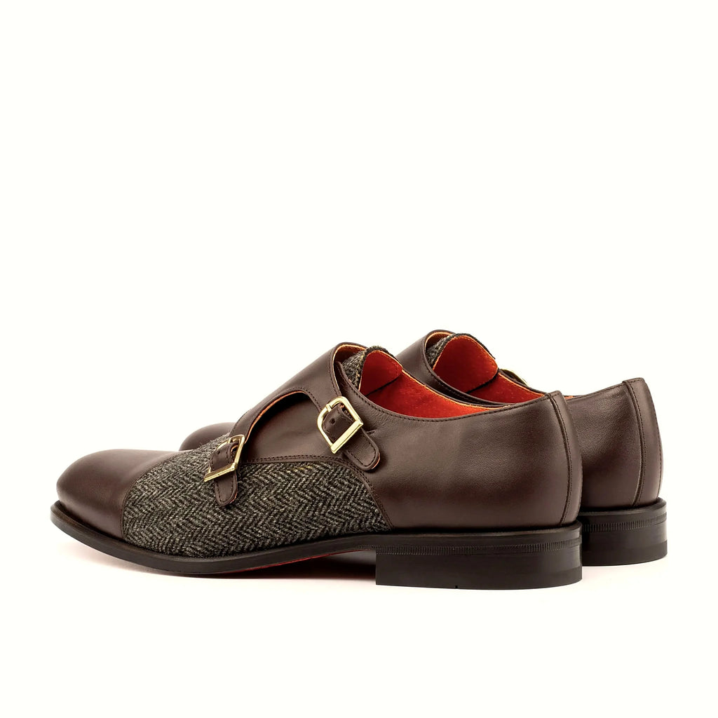 Dark brown box calf beside the woven panel