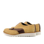 Sand suede panel against burgundy box calf