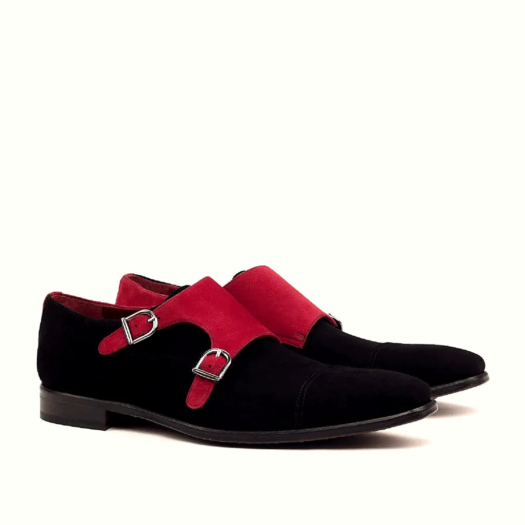 Red kid suede on the double monk upper