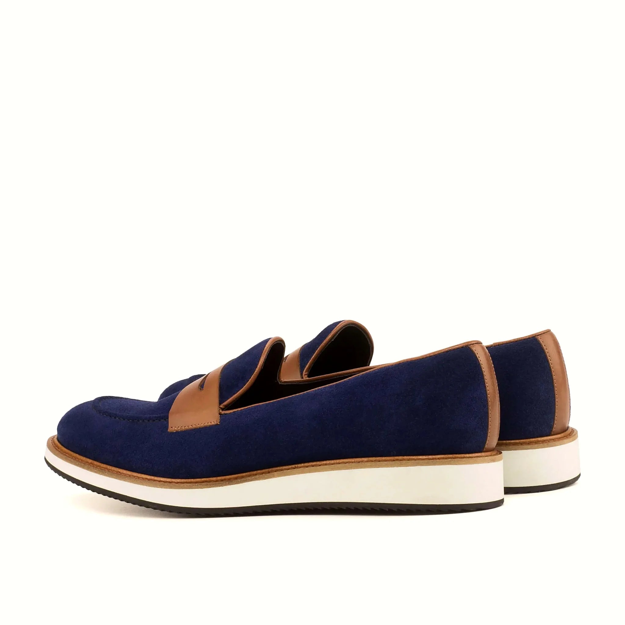 Light navy suede against the smooth calf