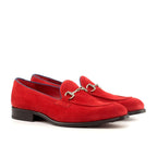 Red suede loafer with navy calf panel