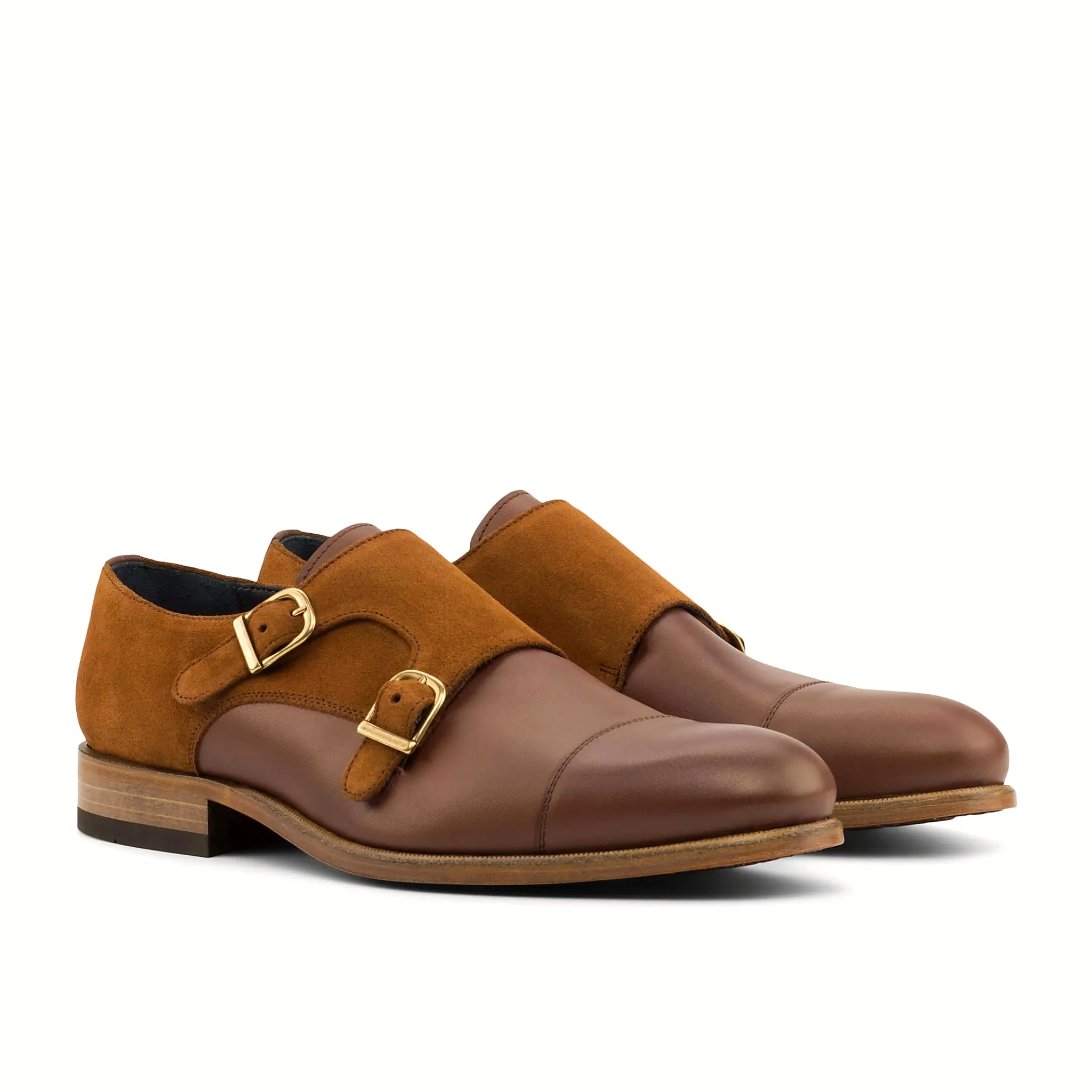 Med brown box calf double monk with two straps across the upper