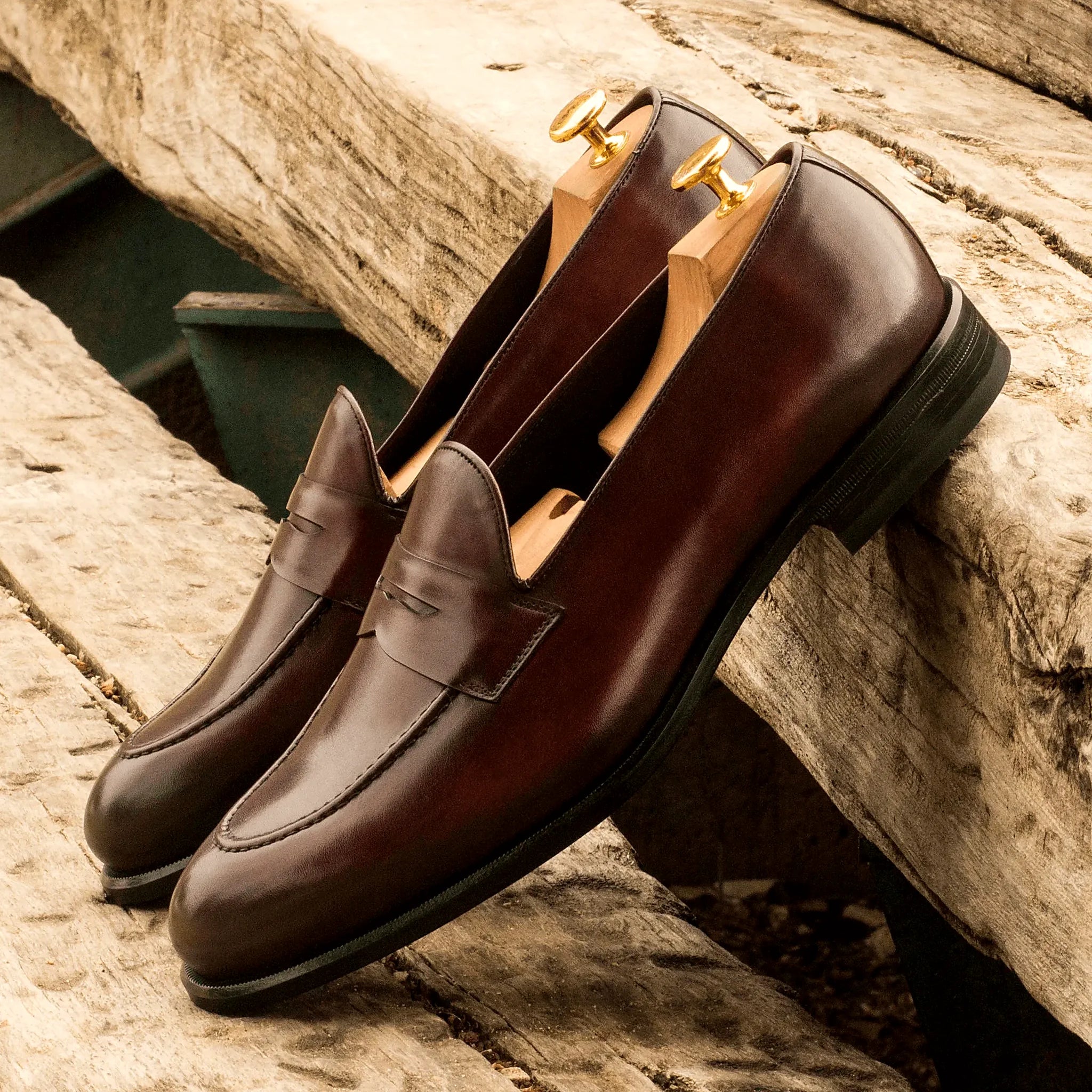Rounded toe on the burgundy loafer