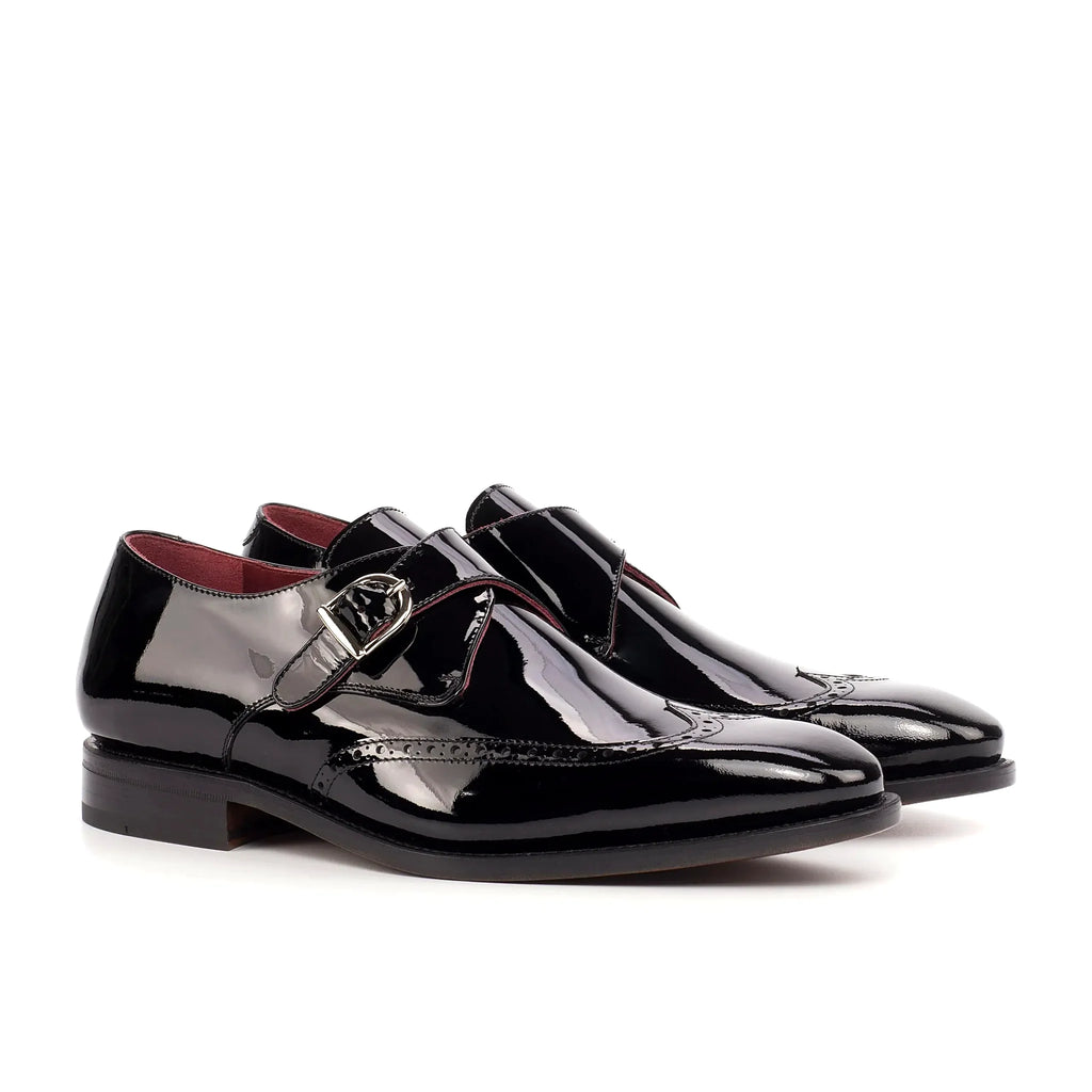 Black patent single monk with buckle strap