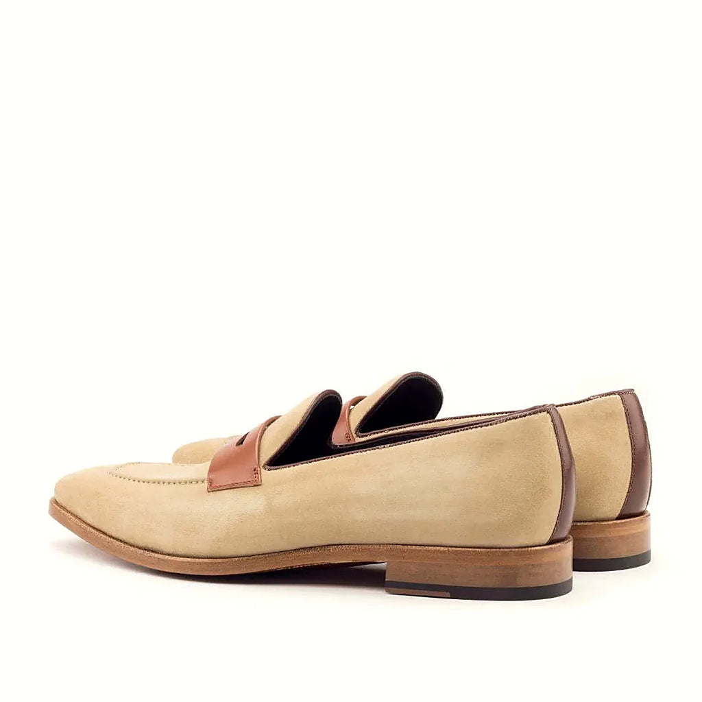 Taupe kid suede beside the smooth panels