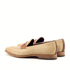 Taupe kid suede beside the smooth panels