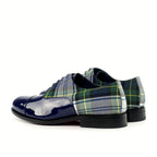 Cobalt blue patent beside the tartan