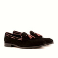 Black suede loafer with burgundy panels