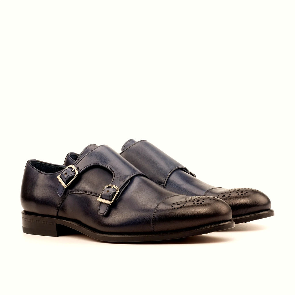 Navy double monk with two straps and buckles