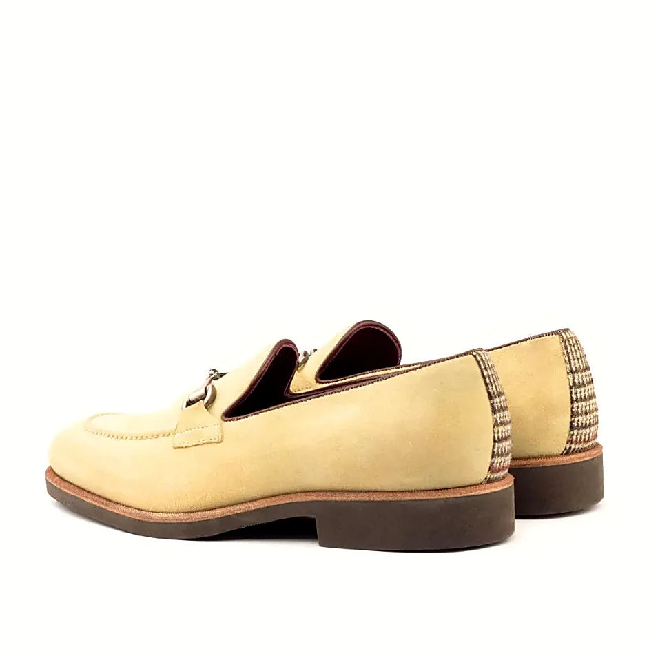 Sand lux suede beside med brown box calf