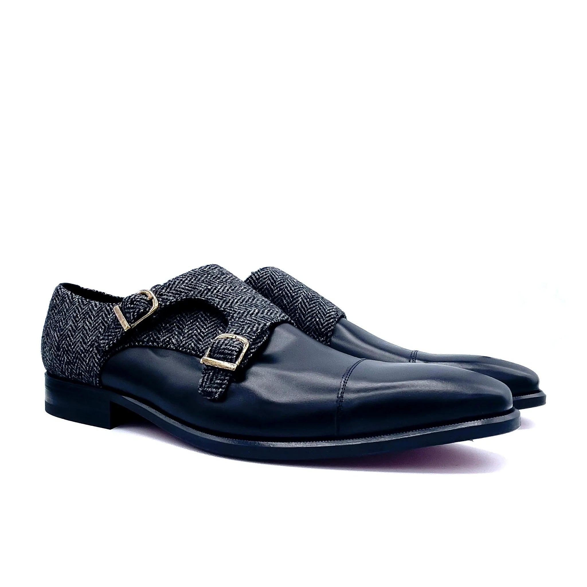 Herringbone sartorial panel beside black box calf