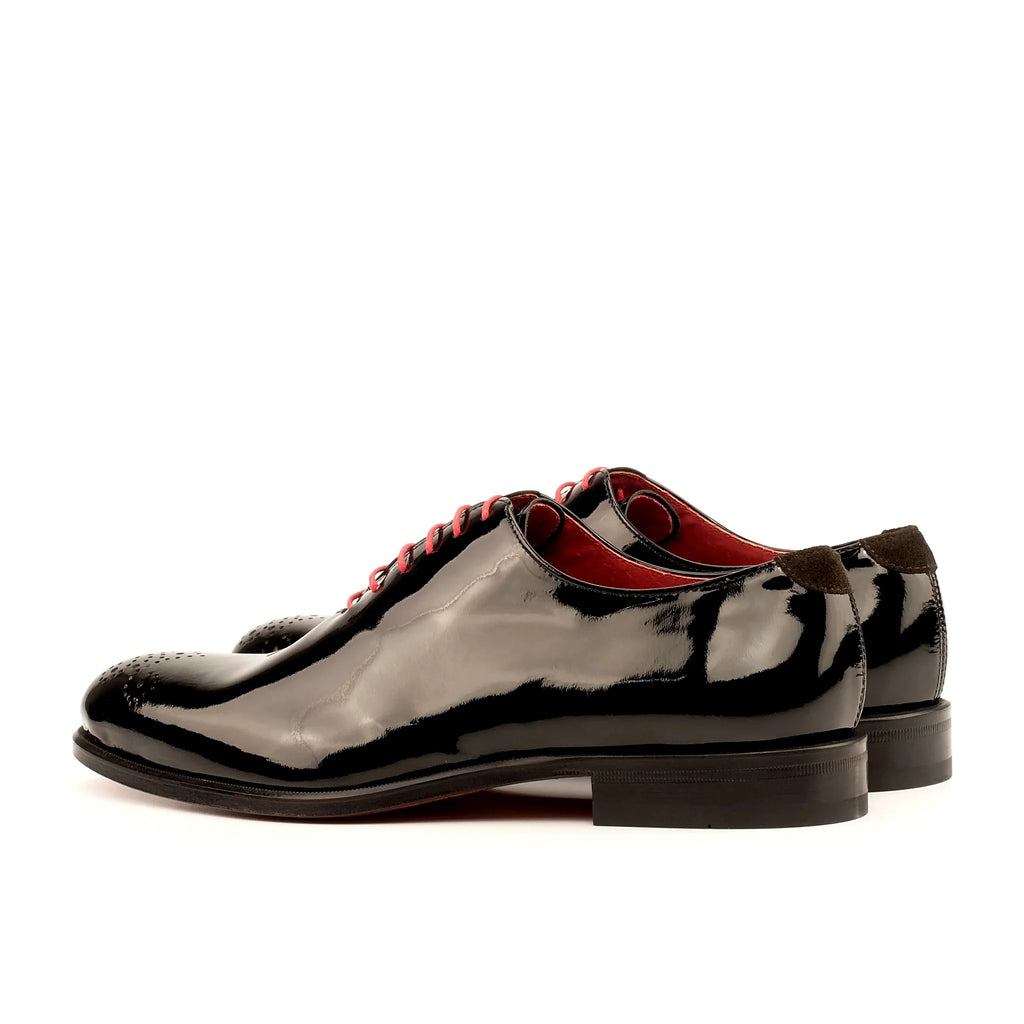 Dark brown suede alongside the patent