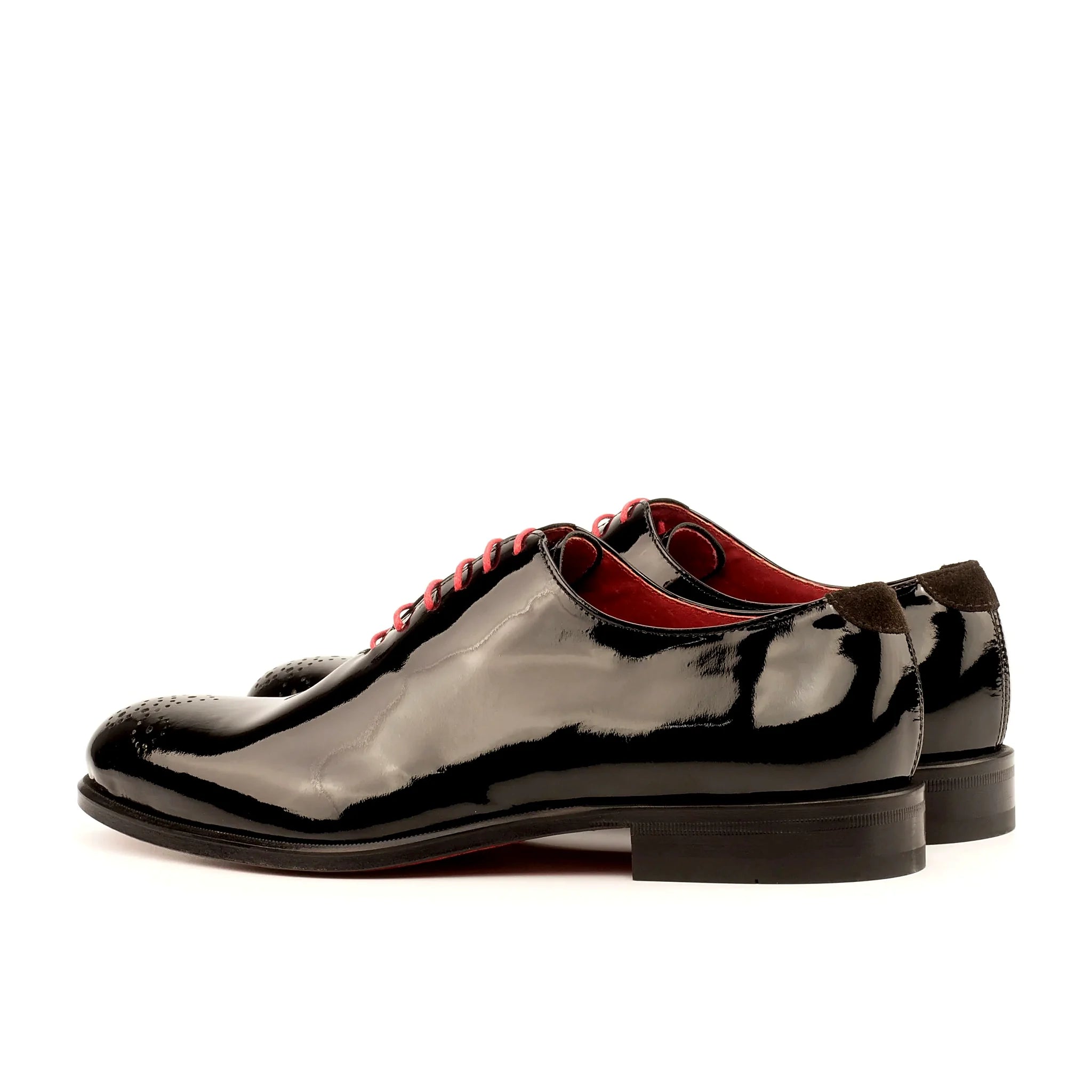 Dark brown suede alongside the patent